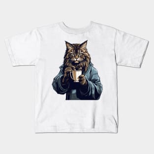 Maine Coon Cat Drinking Coffee Kids T-Shirt